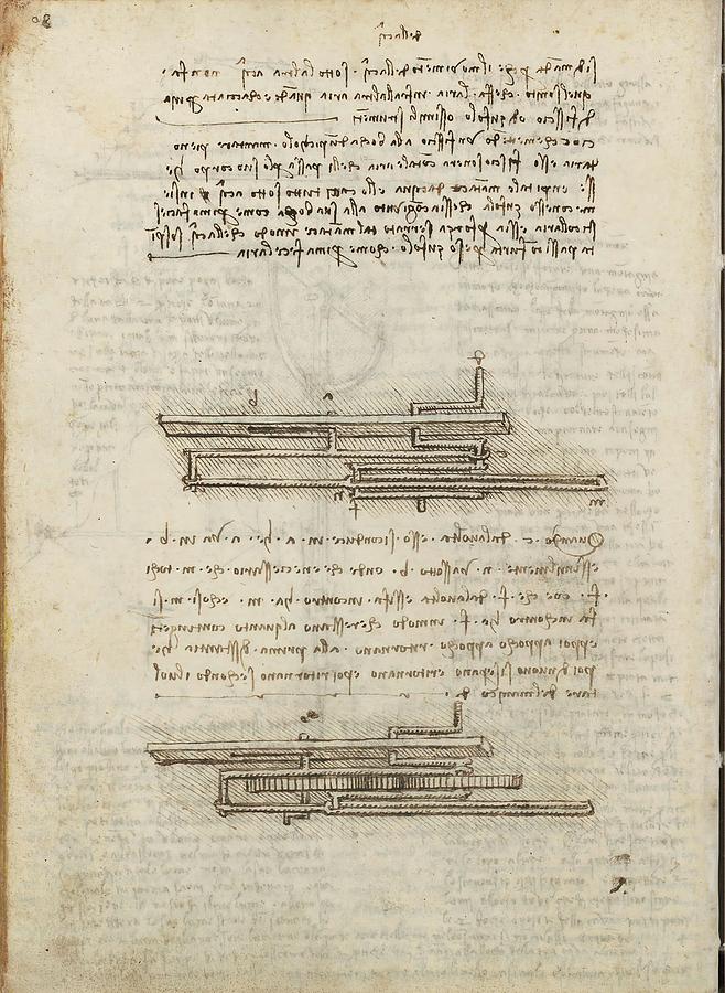 Folio f 111v. Codex Madrid I -Ms. 8937- Treaty of statics and mechanics, 192 folios with 384 pa... Drawing by Album