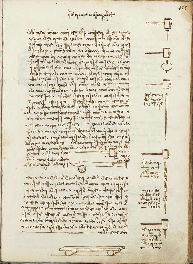 Folio f 113r. Codex Madrid I -Ms. 8937- Treaty of statics and mechanics, 192 folios with 384 pa... Drawing by Album