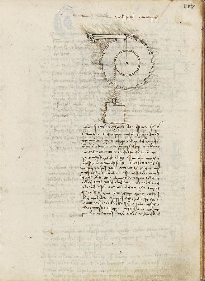 Folio f 117r. Codex Madrid I -Ms. 8937- Treaty of statics and mechanics, 192 folios with 384 pa... Drawing by Album