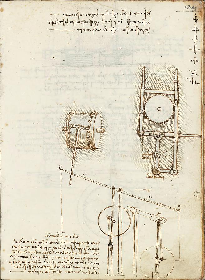 Folio f 124r. Codex Madrid I -Ms. 8937- Treaty of statics and mechanics, 192 folios with 384 pa... Drawing by Leonardo da Vinci -1452-1519-