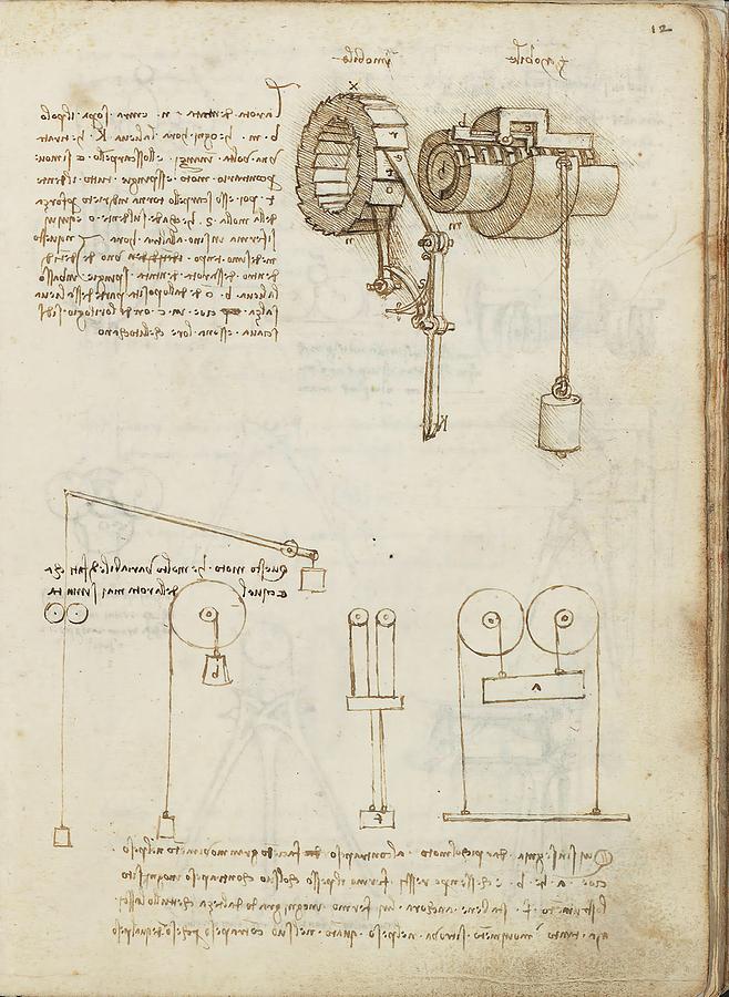 Folio f 12r. Codex Madrid I -Ms. 8937- Treaty of statics and mechanics, 192 folios with 384 pag... Drawing by Album