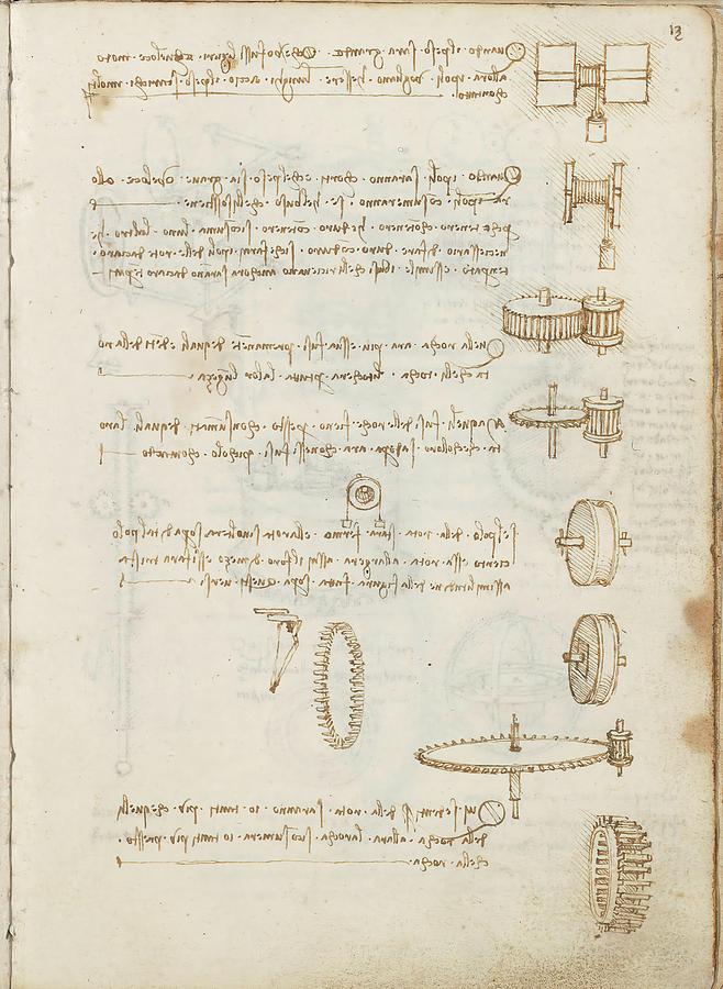 Folio f 13r. Codex Madrid I -Ms. 8937- Treaty of statics and mechanics, 192 folios with 384 pag... Drawing by Album