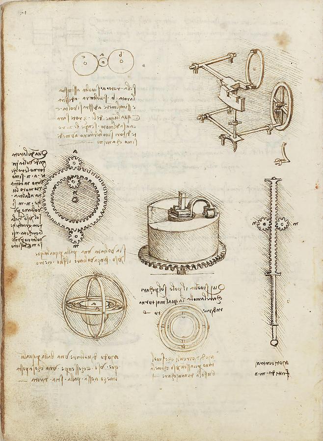 Folio f 13v. Codex Madrid I -Ms. 8937- Treaty of statics and mechanics, 192 folios with 384 pag... Drawing by Album