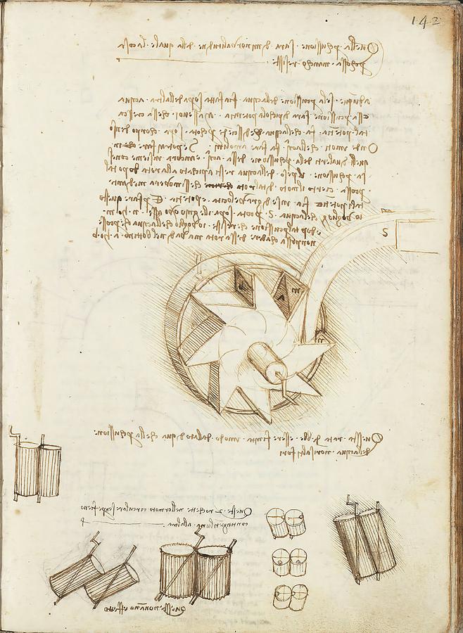 Folio f 142r. Codex Madrid I -Ms. 8937- Treaty of statics and mechanics, 192 folios with 384 pa... Drawing by Leonardo da Vinci -1452-1519-