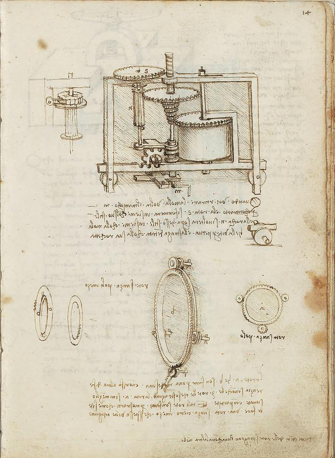 Folio f 14r. Codex Madrid I -Ms. 8937- Treaty of statics and mechanics, 192 folios with 384 pag... Drawing by Album
