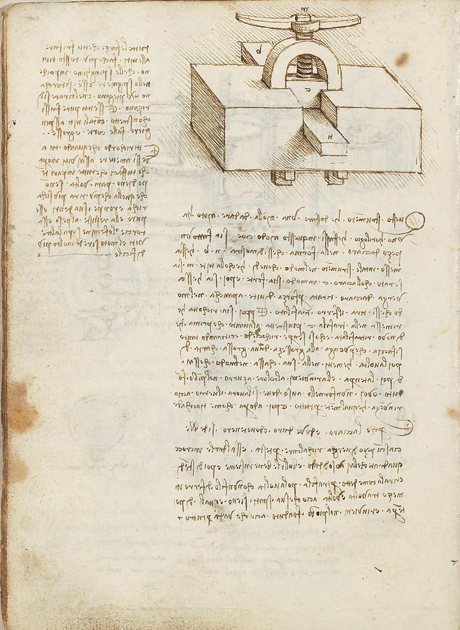 Folio f 14v. Codex Madrid I -Ms. 8937- Treaty of statics and mechanics, 192 folios with 384 pag... Drawing by Album