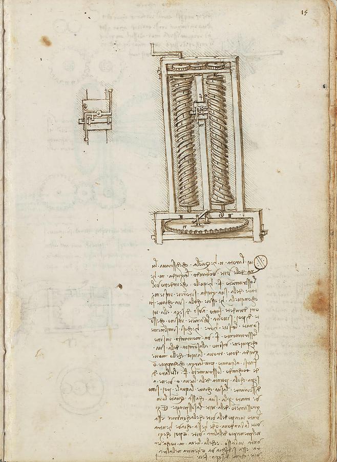 Folio f 15r. Codex Madrid I -Ms. 8937- Treaty of statics and mechanics, 192 folios with 384 pag... Drawing by Album
