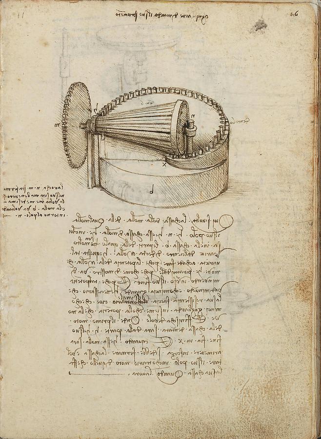 Folio f 16r. Codex Madrid I -Ms. 8937- Treaty of statics and mechanics, 192 folios with 384 pag... Drawing by Album
