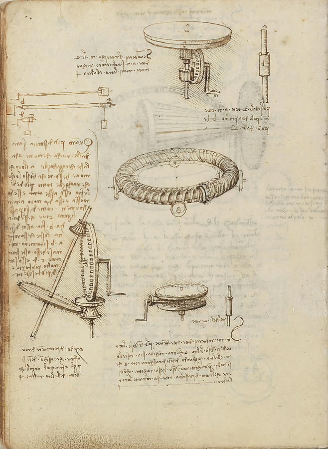 Folio f 16v. Codex Madrid I -Ms. 8937- Treaty of statics and mechanics, 192 folios with 384 pag... Drawing by Album