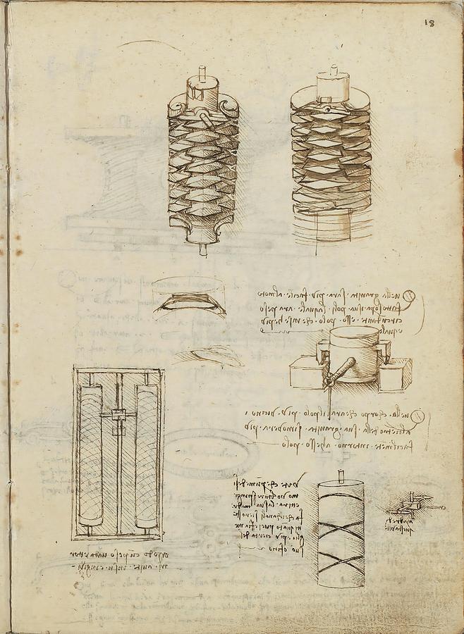Folio f 18r. Codex Madrid I -Ms. 8937- Treaty of statics and mechanics, 192 folios with 384 pag... Drawing by Album