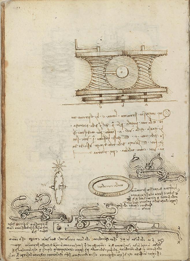 Folio f 18v. Codex Madrid I -Ms. 8937- Treaty of statics and mechanics, 192 folios with 384 pag... Drawing by Album