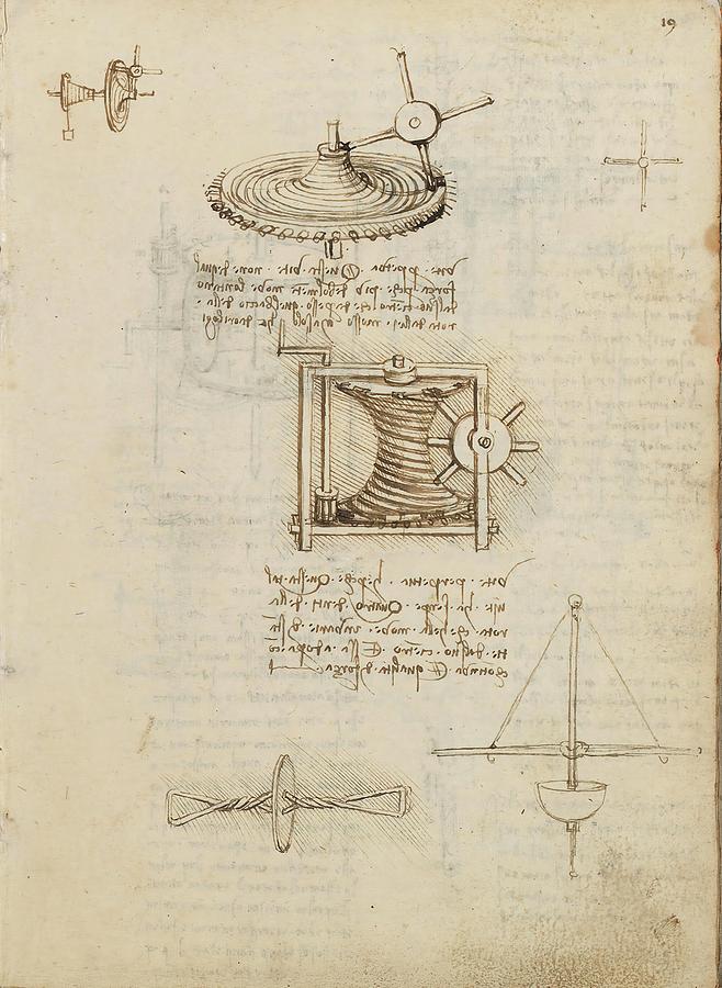 Folio f 19r. Codex Madrid I -Ms. 8937- Treaty of statics and mechanics, 192 folios with 384 pag... Drawing by Leonardo da Vinci -1452-1519-