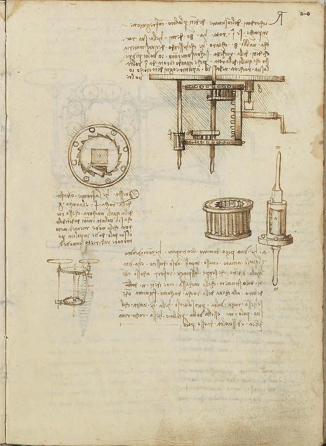 Folio f 20r. Codex Madrid I -Ms. 8937- Treaty of statics and mechanics, 192 folios with 384 pag... Drawing by Album