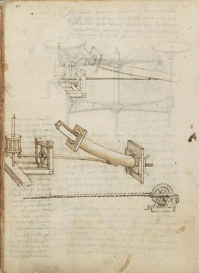 Folio f 21v. Codex Madrid I -Ms. 8937- Treaty of statics and mechanics, 192 folios with 384 pag... Drawing by Album
