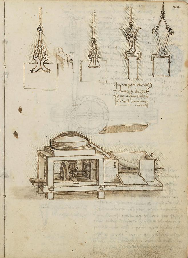Folio f 22r. Codex Madrid I -Ms. 8937- Treaty of statics and mechanics, 192 folios with 384 pag... Drawing by Leonardo da Vinci -1452-1519-