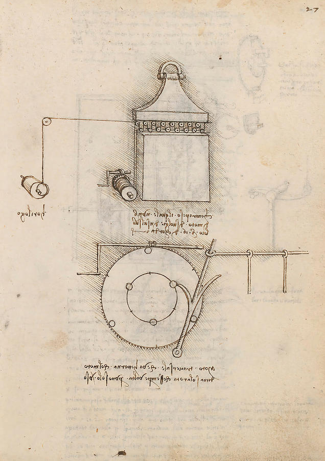 Folio f 27r. Codex Madrid I -Ms. 8937- Treaty of statics and mechanics, 192 folios with 384 pag... Drawing by Album