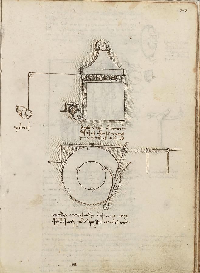 Folio f 27r. Codex Madrid I -Ms. 8937- Treaty of statics and mechanics, 192 folios with 384 pag... Drawing by Leonardo da Vinci -1452-1519-