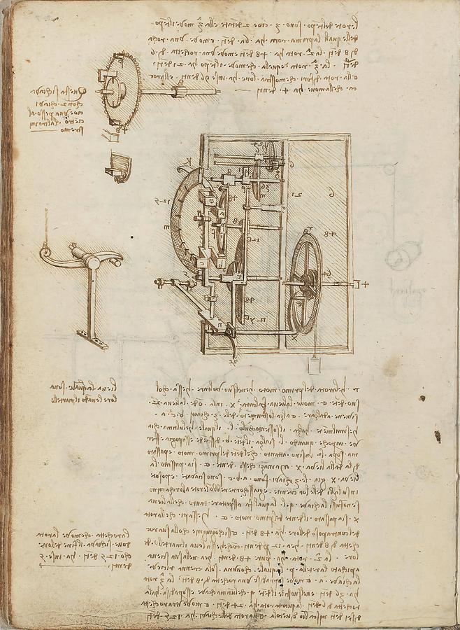 Folio f 27v. Codex Madrid I -Ms. 8937- Treaty of statics and mechanics, 192 folios with 384 pag... Drawing by Album