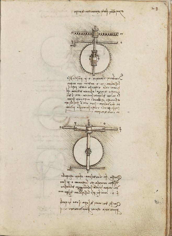 Folio f 28r. Codex Madrid I -Ms. 8937- Treaty of statics and mechanics, 192 folios with 384 pag... Drawing by Album