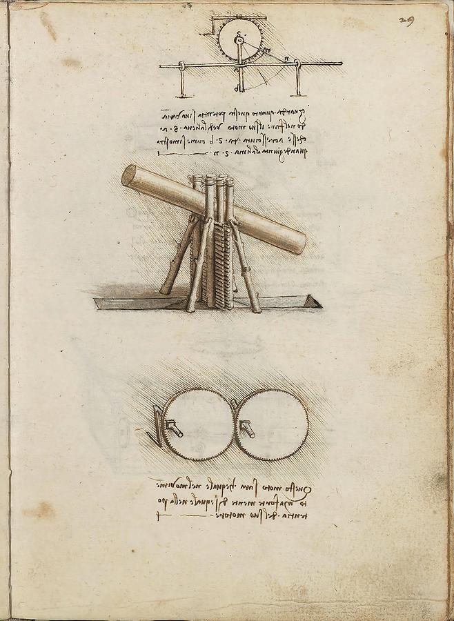 Folio f 29r. Codex Madrid I -Ms. 8937- Treaty of statics and mechanics, 192 folios with 384 pag... Drawing by Album