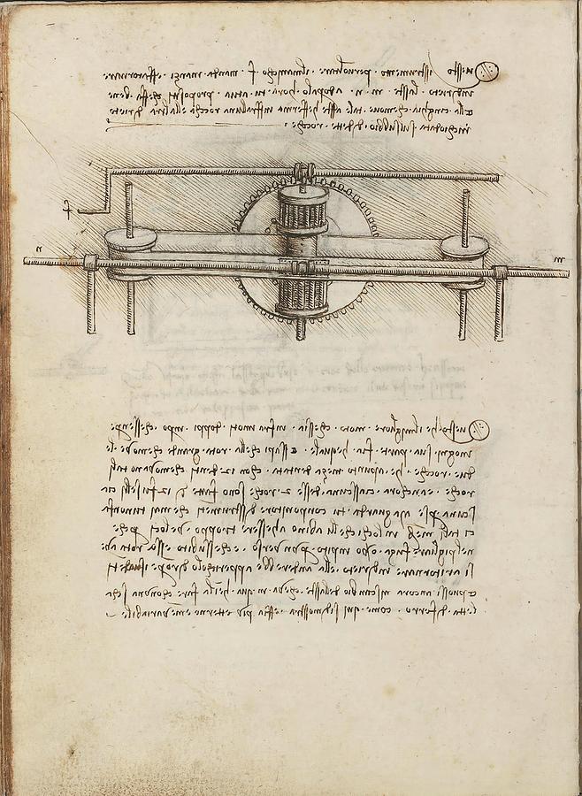 Folio f 30v. Codex Madrid I -Ms. 8937- Treaty of statics and mechanics, 192 folios with 384 pag... Drawing by Album