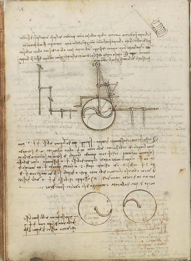 Folio f 32v. Codex Madrid I -Ms. 8937- Treaty of statics and mechanics, 192 folios with 384 pag... Drawing by Album