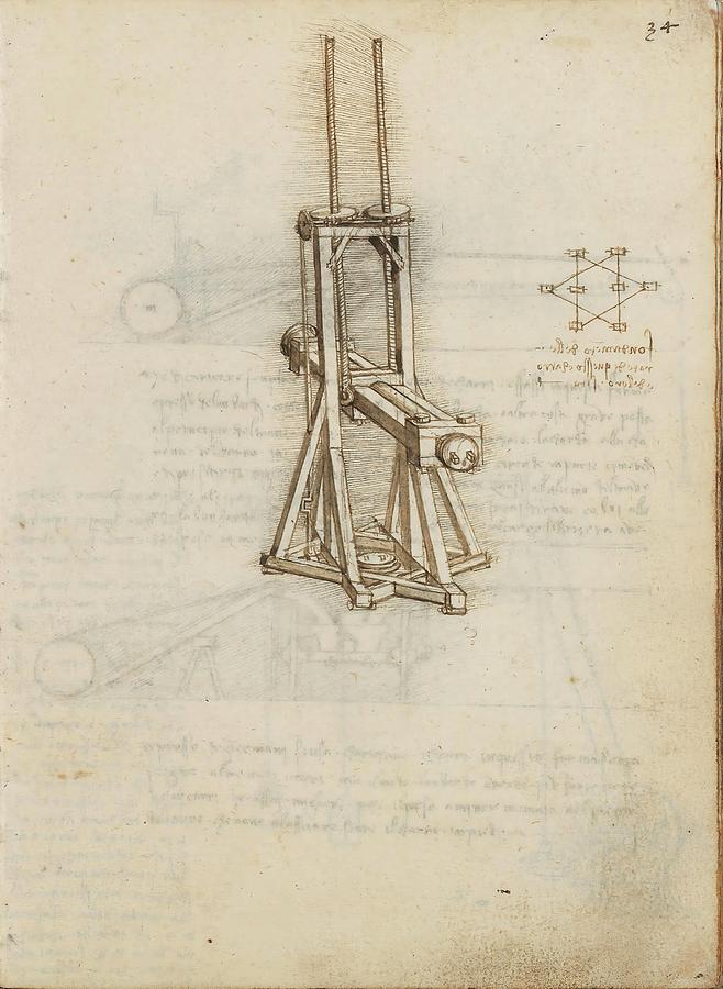 Folio f 34r. Codex Madrid I -Ms. 8937- Treaty of statics and mechanics, 192 folios with 384 pag... Drawing by Album