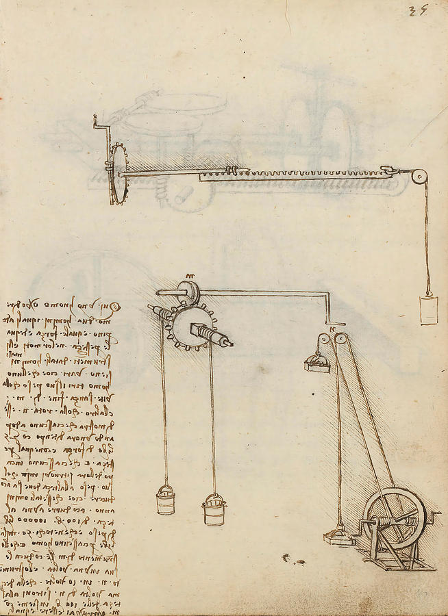 Folio f 35r. Codex Madrid I -Ms. 8937- Treaty of statics and mechanics, 192 folios with 384 pag... Drawing by Album