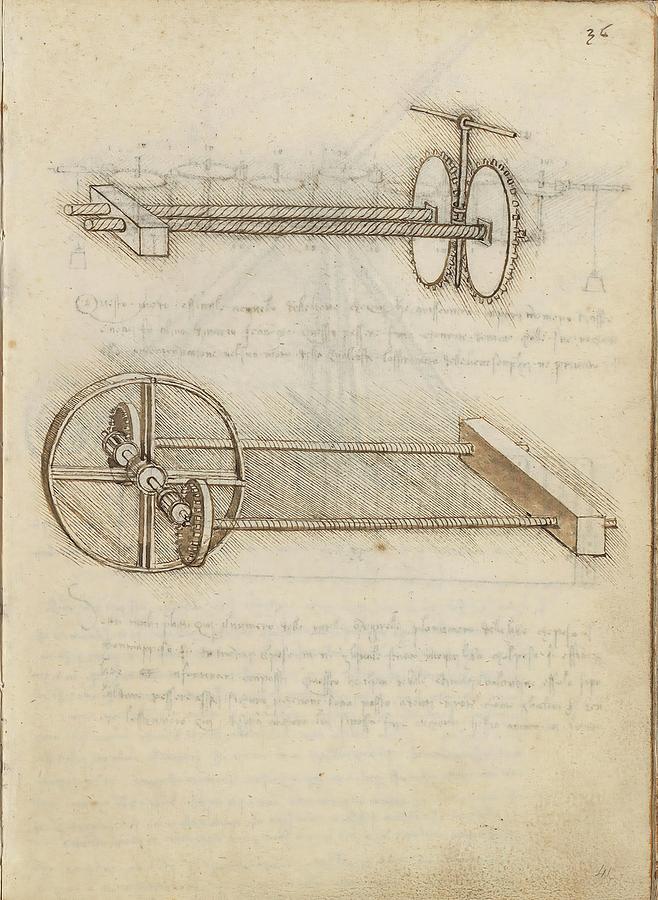 Folio f 36r. Codex Madrid I -Ms. 8937- Treaty of statics and mechanics, 192 folios with 384 pag... Drawing by Album