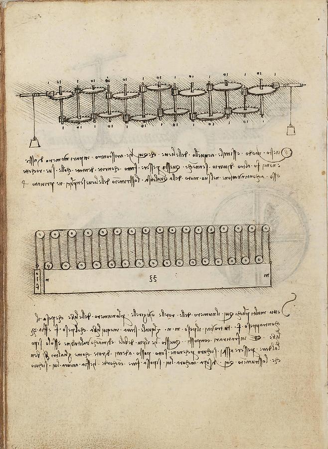 Folio f 36v. Codex Madrid I -Ms. 8937- Treaty of statics and mechanics, 192 folios with 384 pag... Drawing by Album