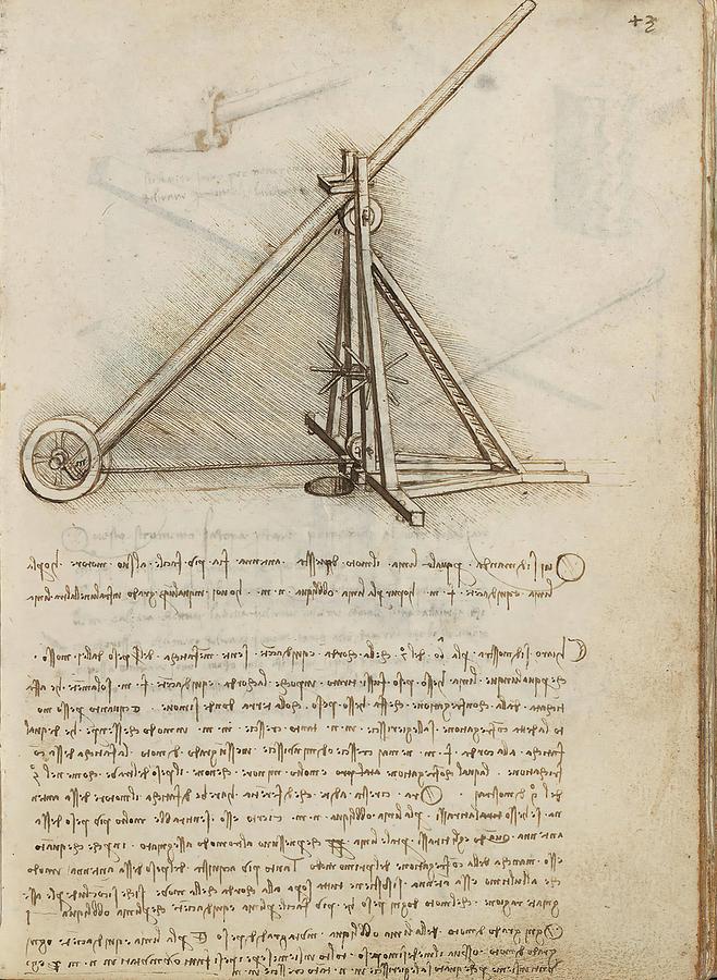 Folio f 43r. Codex Madrid I -Ms. 8937- Treaty of statics and mechanics, 192 folios with 384 pag... Drawing by Album