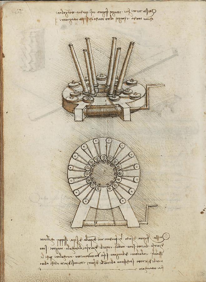 Folio f 44v. Codex Madrid I -Ms. 8937- Treaty of statics and mechanics, 192 folios with 384 pag... Drawing by Album