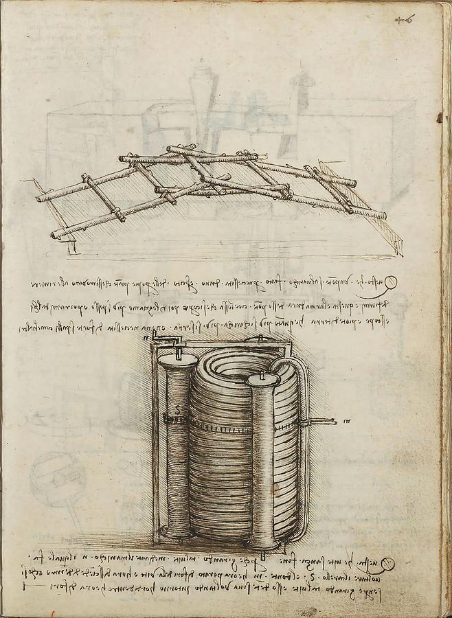 Folio f 46r. Codex Madrid I -Ms. 8937- Treaty of statics and mechanics, 192 folios with 384 pag... Drawing by Album