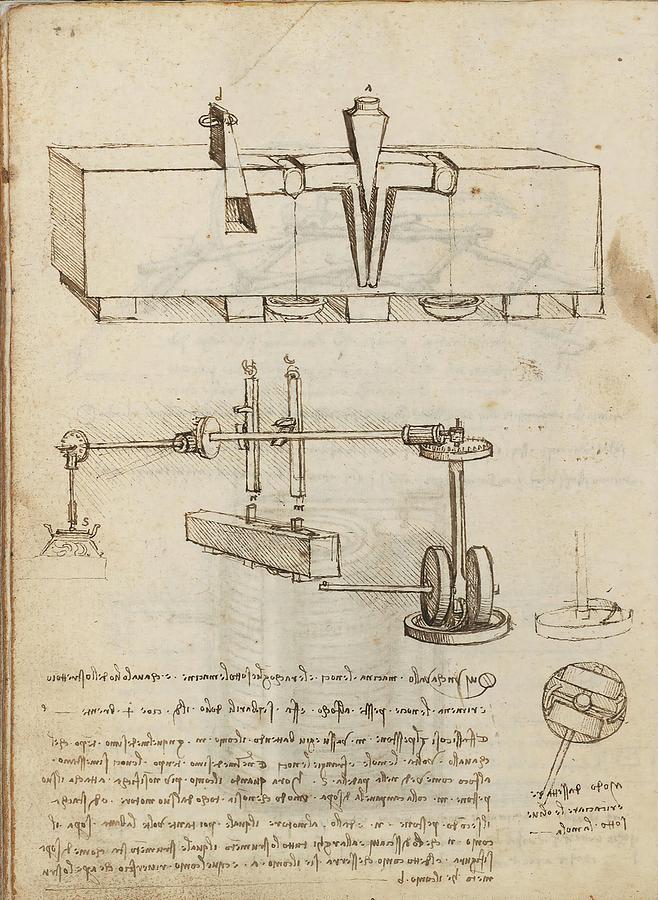 Folio f 46v. Codex Madrid I -Ms. 8937- Treaty of statics and mechanics, 192 folios with 384 pag... Drawing by Album