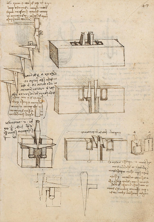 Folio f 47r. Codex Madrid I -Ms. 8937- Treaty of statics and mechanics, 192 folios with 384 pag... Drawing by Album
