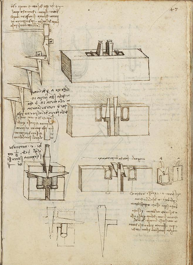 Folio f 47r. Codex Madrid I -Ms. 8937- Treaty of statics and mechanics, 192 folios with 384 pag... Drawing by Leonardo da Vinci -1452-1519-