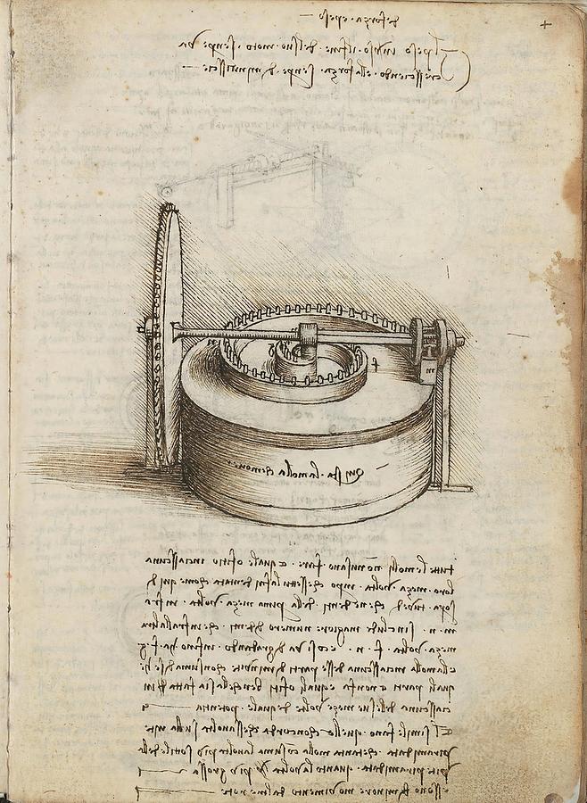 Folio f 4r. Codex Madrid I -Ms. 8937- Treaty of statics and mechanics, 192 folios with 384 page... Drawing by Album