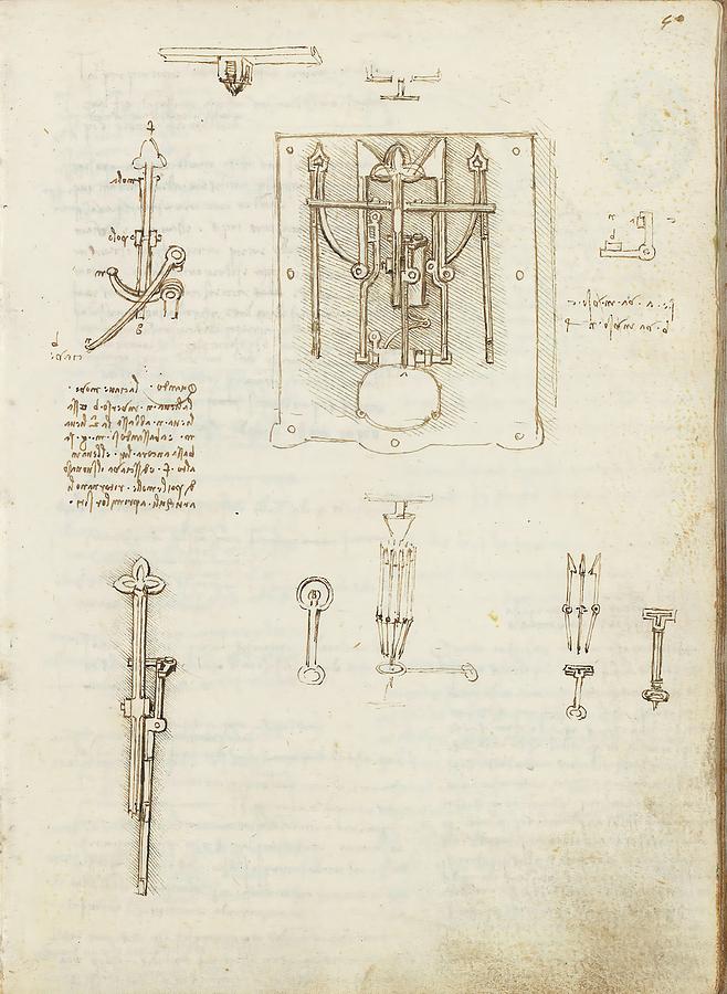 Folio f 50r. Codex Madrid I -Ms. 8937- Treaty of statics and mechanics, 192 folios with 384 pag... Drawing by Album