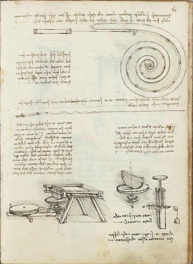 Folio f 61r. Codex Madrid I -Ms. 8937- Treaty of statics and mechanics, 192 folios with 384 pag... Drawing by Album