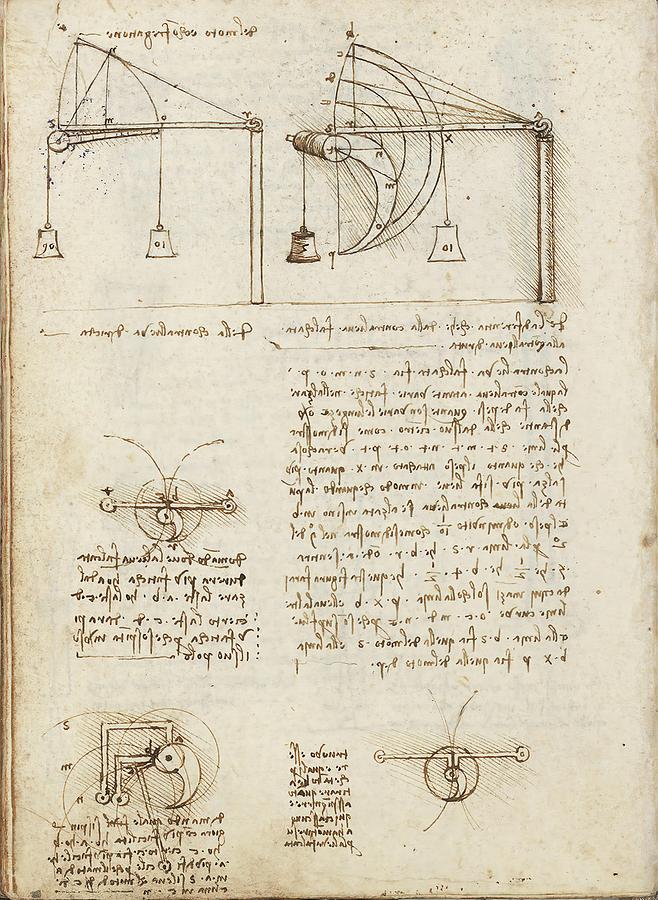Folio f 63v. Codex Madrid I -Ms. 8937- Treaty of statics and mechanics, 192 folios with 384 pag... Drawing by Album