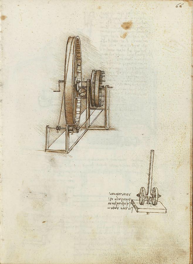Folio f 66r. Codex Madrid I -Ms. 8937- Treaty of statics and mechanics, 192 folios with 384 pag... Drawing by Album