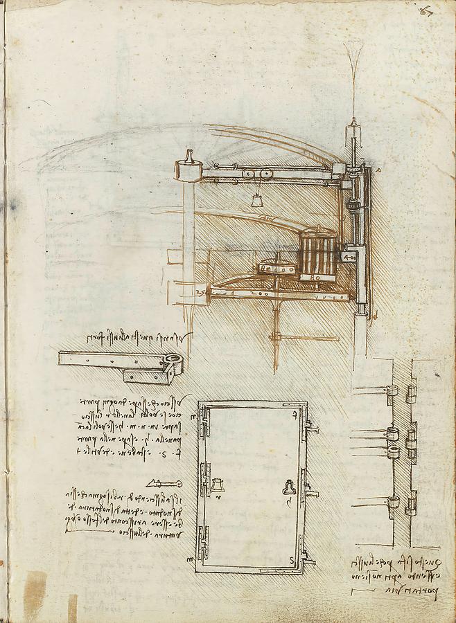 Folio f 67r. Codex Madrid I -Ms. 8937- Treaty of statics and mechanics, 192 folios with 384 pag... Drawing by Album