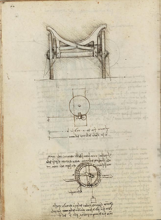 Folio f 69v. Codex Madrid I -Ms. 8937- Treaty of statics and mechanics, 192 folios with 384 pag... Drawing by Album