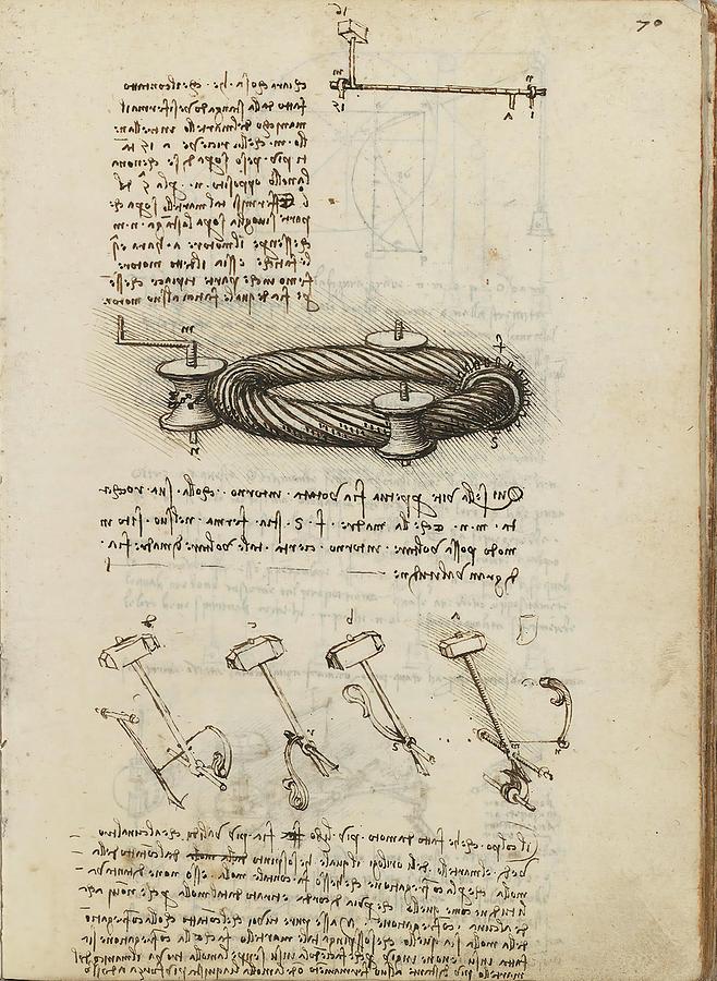 Folio f 70r. Codex Madrid I -Ms. 8937- Treaty of statics and mechanics, 192 folios with 384 pag... Drawing by Album