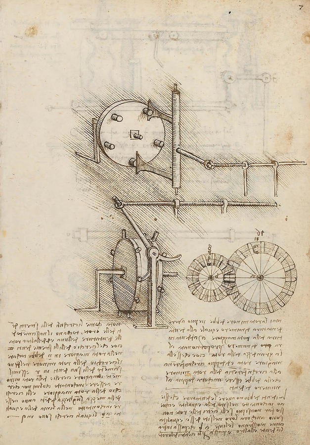 Folio f 7r. Codex Madrid I -Ms. 8937- Treaty of statics and mechanics, 192 folios with 384 page... Drawing by Album