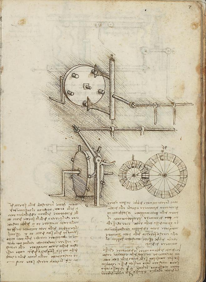Folio f 7r. Codex Madrid I -Ms. 8937- Treaty of statics and mechanics, 192 folios with 384 page... Drawing by Leonardo da Vinci -1452-1519-