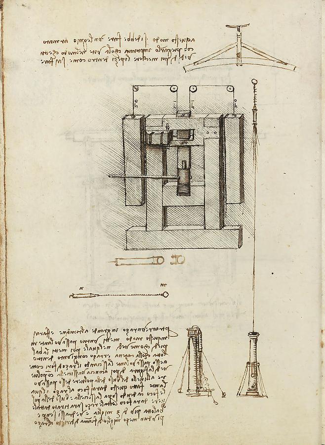 Folio f 81v. Codex Madrid I -Ms. 8937- Treaty of statics and mechanics, 192 folios with 384 pag... Drawing by Album