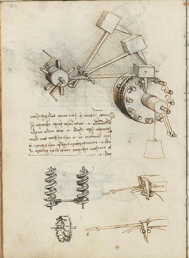 Folio f 92v. Codex Madrid I -Ms. 8937- Treaty of statics and mechanics, 192 folios with 384 pag... Drawing by Album
