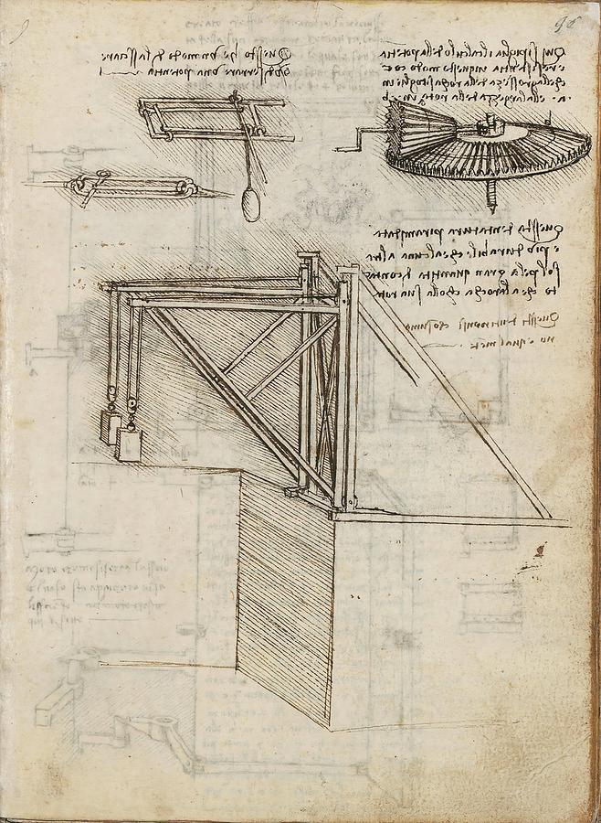 Folio f 96r. Codex Madrid I -Ms. 8937- Treaty of statics and mechanics, 192 folios with 384 pag... Drawing by Album