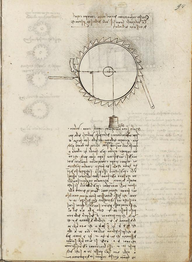 Folio f 97r. Codex Madrid I -Ms. 8937- Treaty of statics and mechanics, 192 folios with 384 pag... Drawing by Album